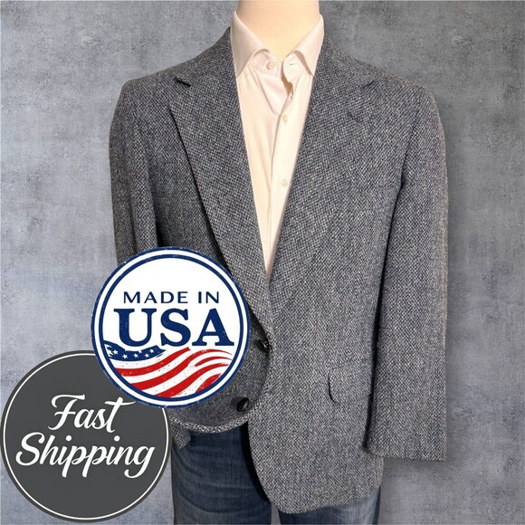 HARRIS TWEED Vintage Men's Blazer Sport Coat Two Button Jacket 42S Blue USA Made - Picture 1 of 12